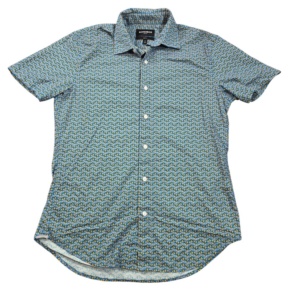 Bonobos Shirt Mens Small Blue Geometric Slim Fit Short Sleeve Stretch Riviera